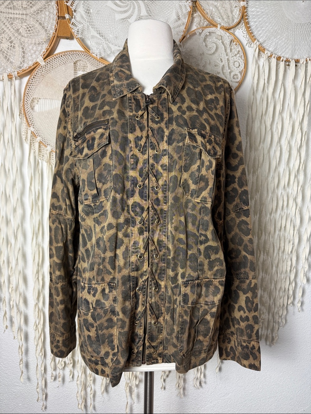 Pam & Gela Brown Leopard Utility Zip Front Tencel Jacket Size Large